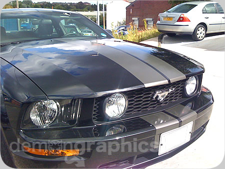 A Ford Mustang with Demon Graphics Racing Stripes fitted