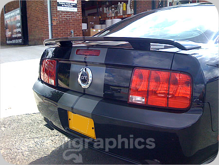 Front bumper and bonnet of a Ford Mustang with Demon Graphics Racing Stripes fitted