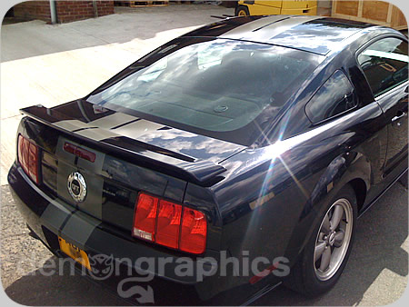 Front end of Ford Mustang with Demon Graphics Racing Stripes