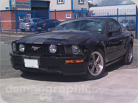 Rear end of a Ford Mustang fitted with demon Graphics Racing Stripes