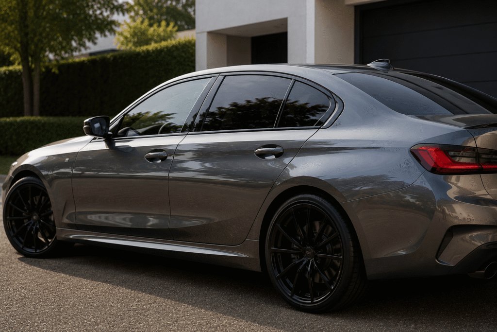 Grey saloon with subtle black styling accents and tinted windows, showing how vehicle graphics can personalise a car without permanent modifications.