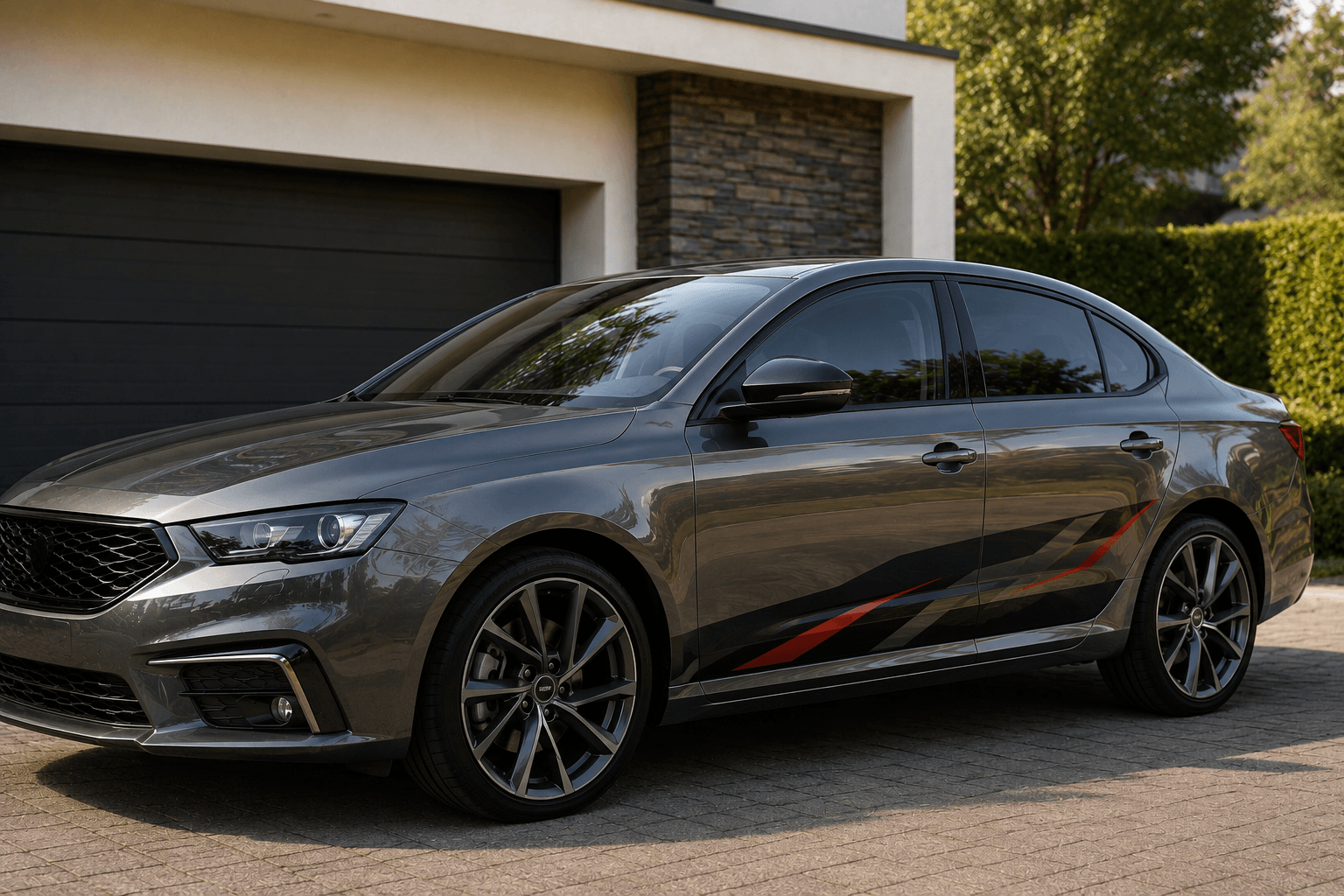 Grey saloon featuring tasteful side graphics, illustrating how professionally applied vehicle graphics can influence resale appeal.