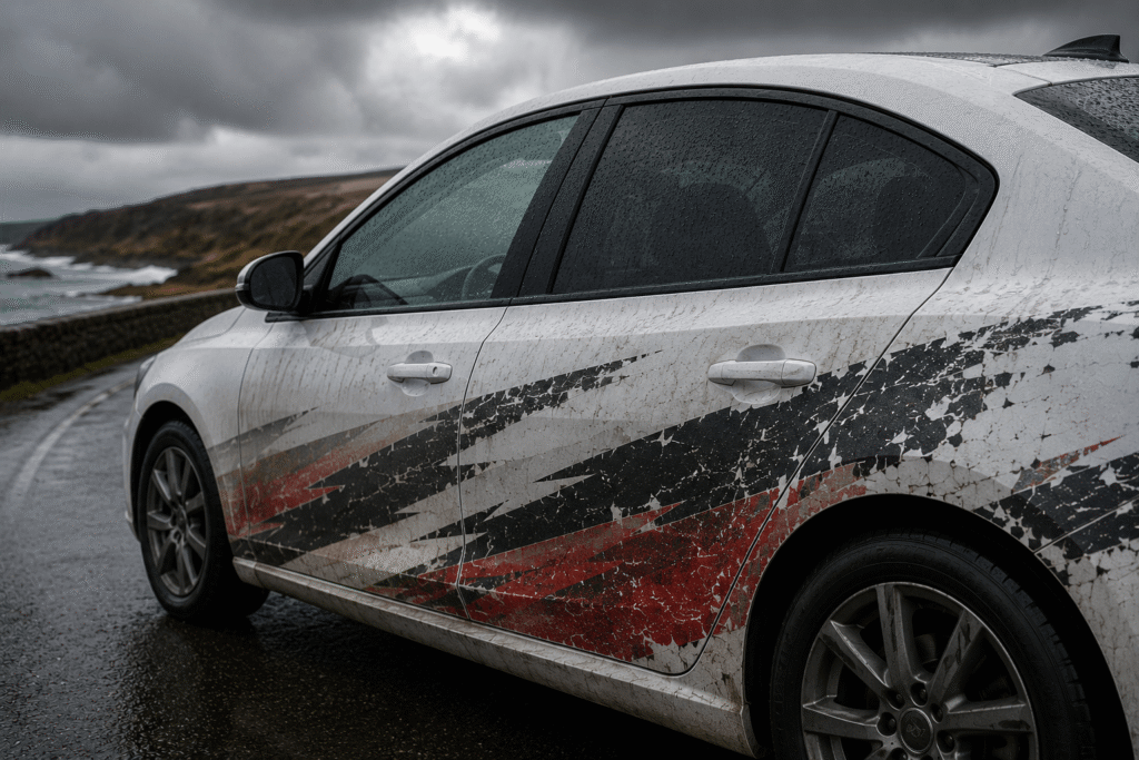 White hatchback with weathered vinyl graphics driving in heavy rain along a coastal road, showing how harsh weather can wear down vehicle decals over time.