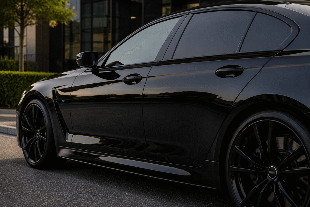 Close-up of a black car with gloss black vinyl accents around the window trim, side mirrors and body details for a sleek premium finish.