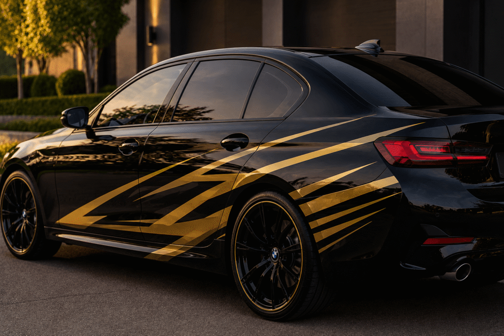 Black luxury saloon with metallic gold vinyl graphics, creating a premium, high-end appearance against a modern residential backdrop.