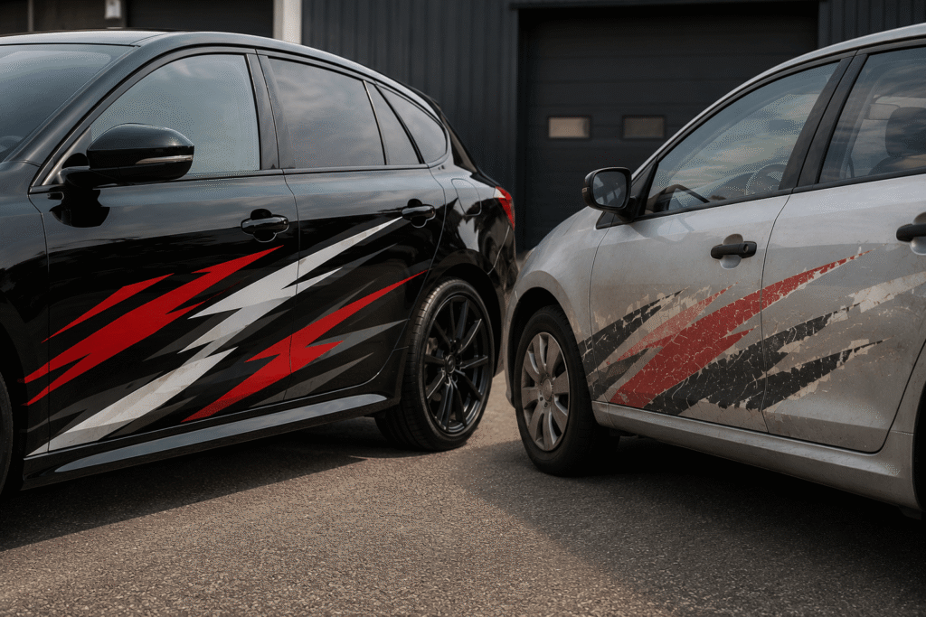 Comparison of a car with vibrant, high-quality decals beside a vehicle with faded, worn graphics, highlighting differences in decal quality.