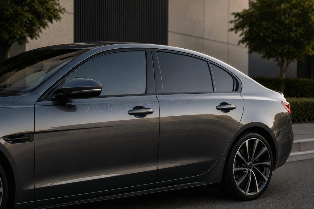 Black performance saloon with subtle OEM-inspired side graphics running along the doors and rear quarter panel for a factory-style appearance.