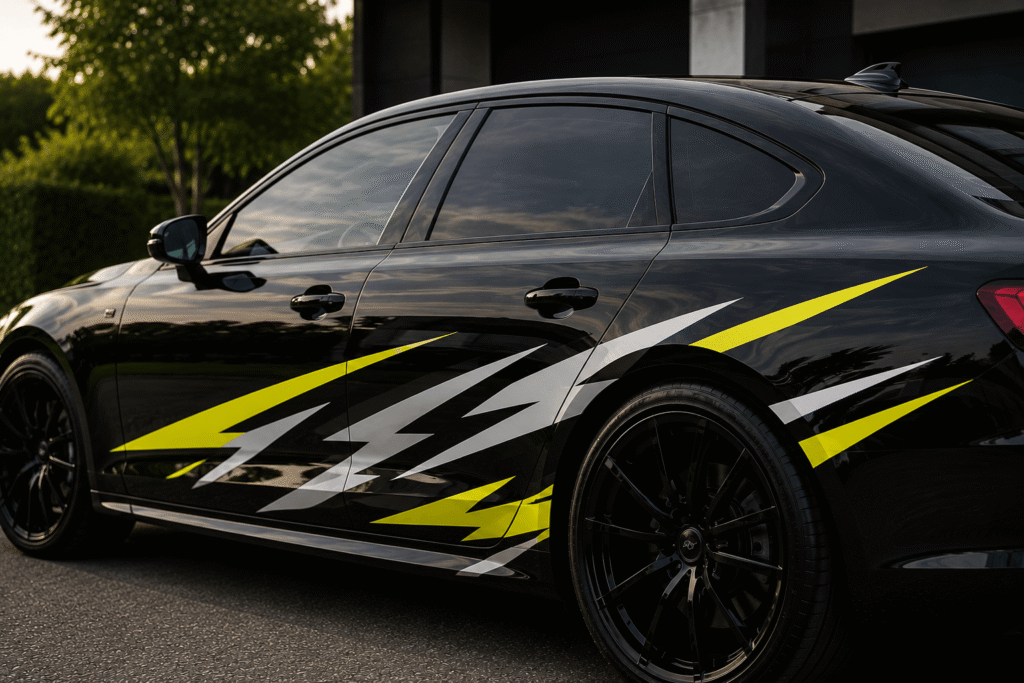 Black saloon featuring bold yellow and white vinyl graphics that contrast sharply against the dark paintwork for maximum visibility.