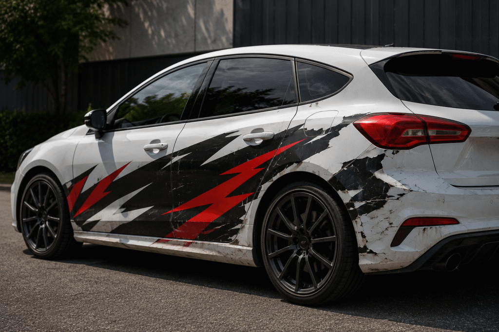 White hatchback with worn, damaged and heavily styled graphics, demonstrating how poor-quality vehicle wraps can reduce resale appeal.
