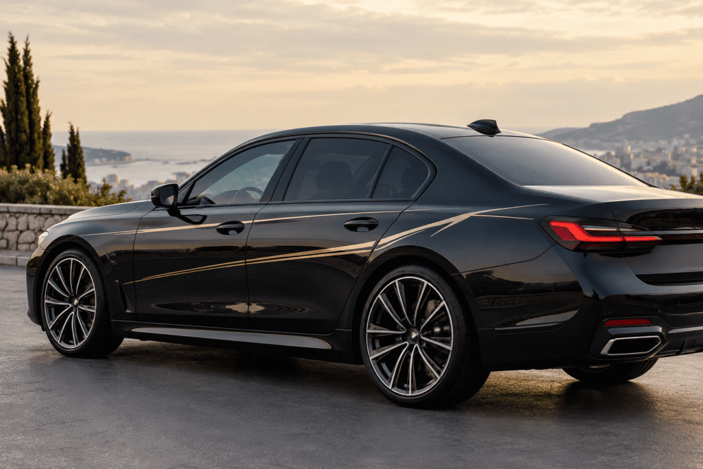 Grey executive saloon featuring dark-tinted windows and subtle premium styling, illustrating clean vehicle graphics that complement the original design.