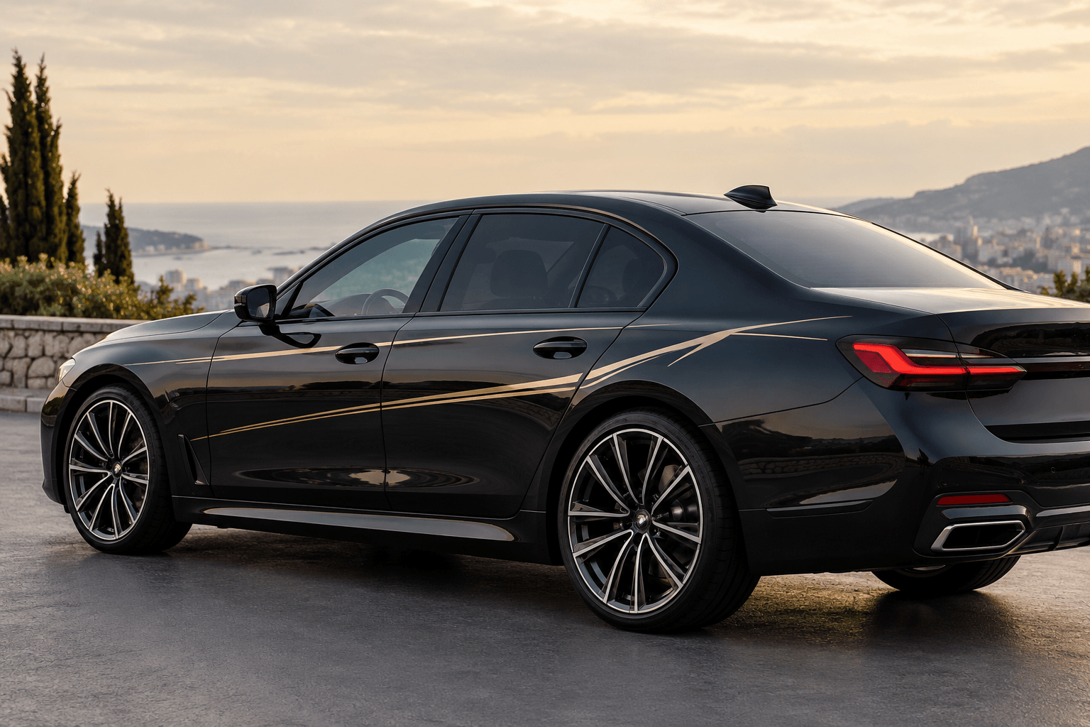 Grey executive saloon featuring dark-tinted windows and subtle premium styling, illustrating clean vehicle graphics that complement the original design.