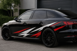 Black saloon with striking red and white vinyl decals, showing how bright colours create a strong visual contrast on black vehicles.