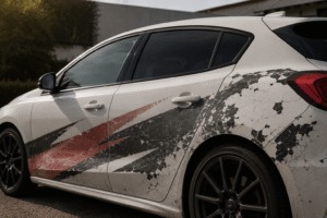 Close-up of a white hatchback with cracked and faded vinyl decals, illustrating how lower-quality materials can deteriorate faster over time.