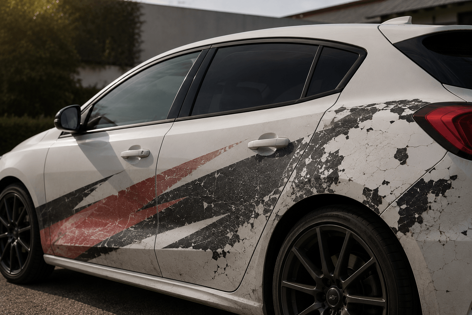 Close-up of a white hatchback with cracked and faded vinyl decals, illustrating how lower-quality materials can deteriorate faster over time.