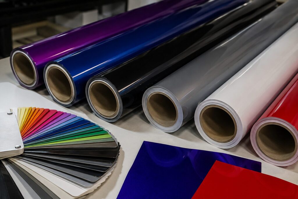 Close-up of colourful cast and calendared vinyl rolls and sample swatches arranged on a workshop table.