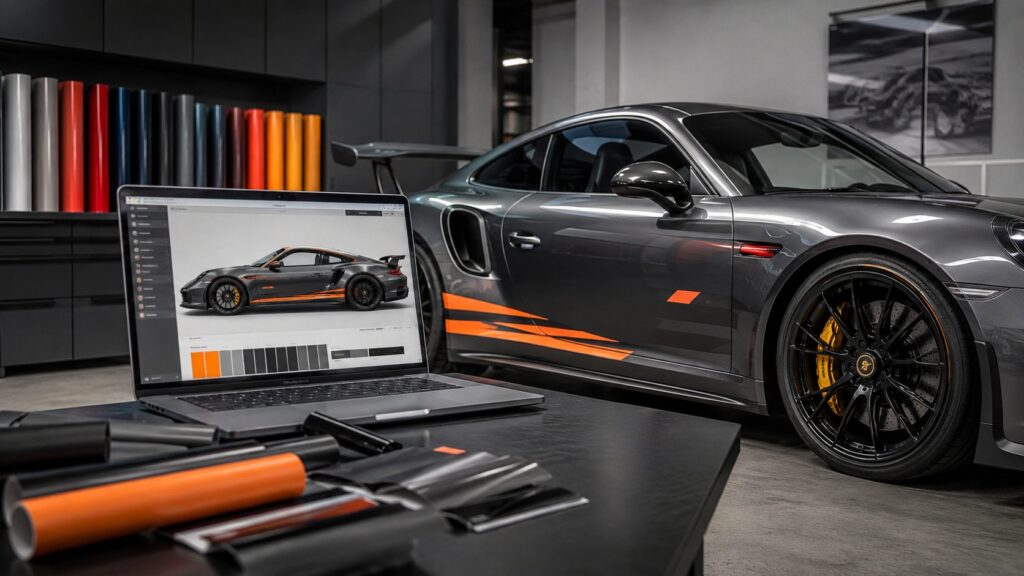 Laptop displaying a bespoke vehicle graphics design beside a customised sports car in a professional workshop.