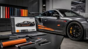 Laptop displaying a bespoke vehicle graphics design beside a customised sports car in a professional workshop.