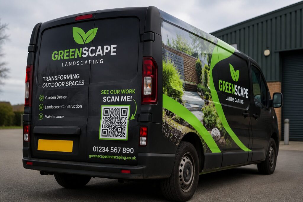 Branded landscaping van featuring professional vehicle graphics and a QR code on the rear doors.