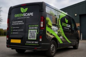 Branded landscaping van featuring professional vehicle graphics and a QR code on the rear doors.