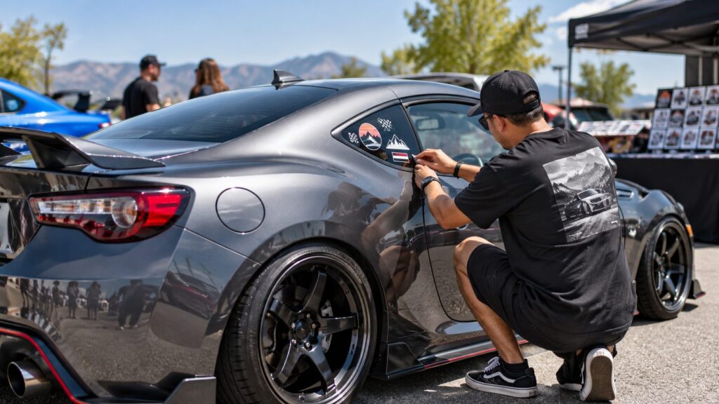 Man applying decorative vinyl stickers to the rear side window of a grey sports car at an outdoor automotive event.