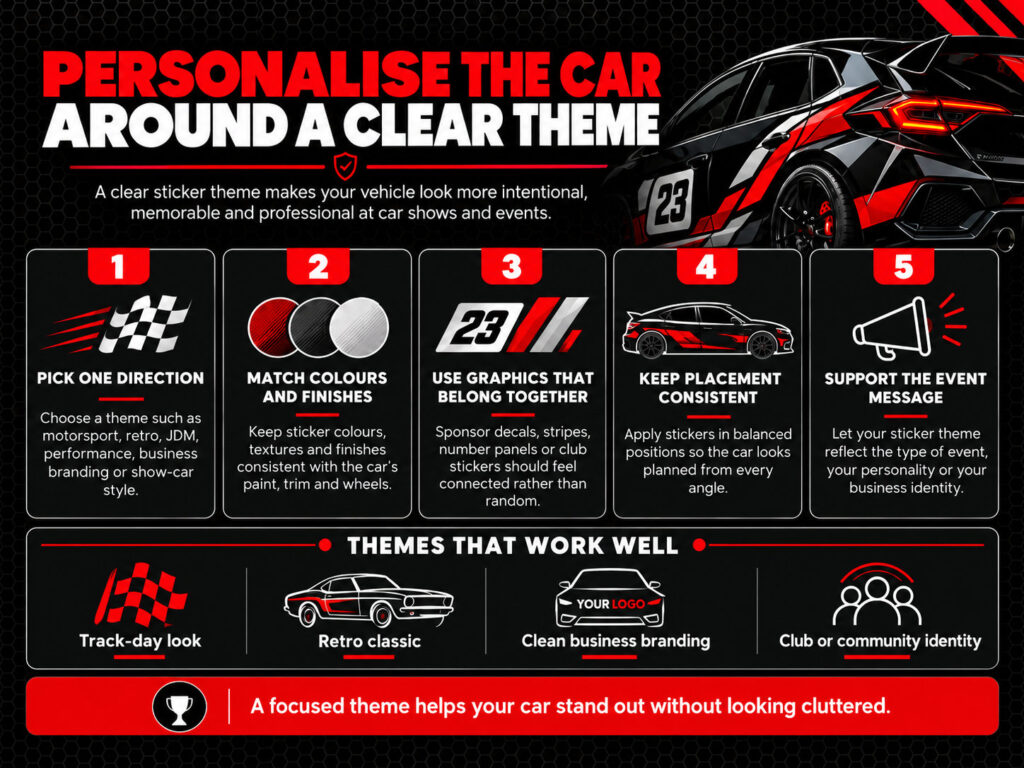 Infographic showing five ways to personalise car stickers for automotive events, including matching colours, choosing a theme and sticker placement.