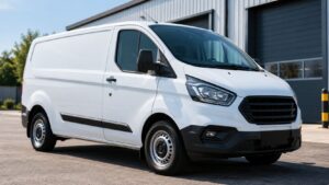 Plain white commercial van parked outside a modern industrial building.