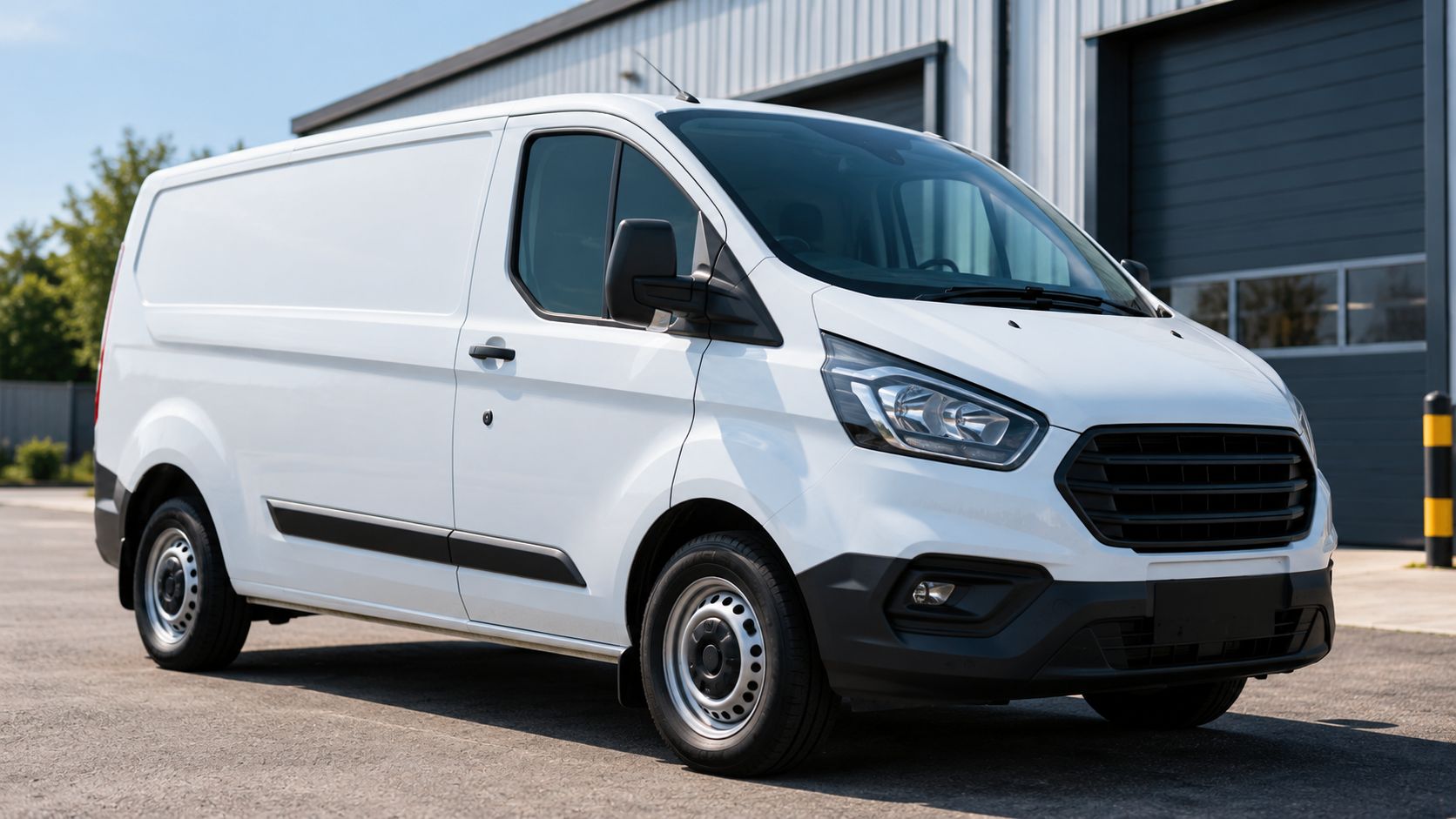 Plain white commercial van parked outside a modern industrial building.