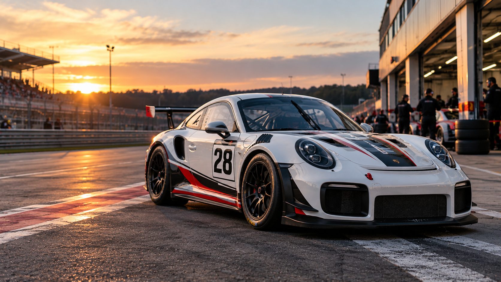 White motorsport race car with number 28 parked in the pit lane at sunset.