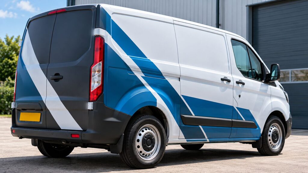 White commercial van with blue and grey graphics following the vehicle's body panels and contours.