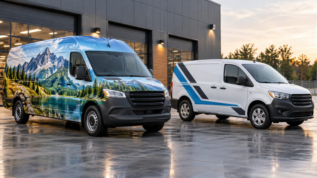 Two commercial vans showing the difference between a full vehicle wrap with mountain scenery and partial vehicle graphics with blue and black decals.