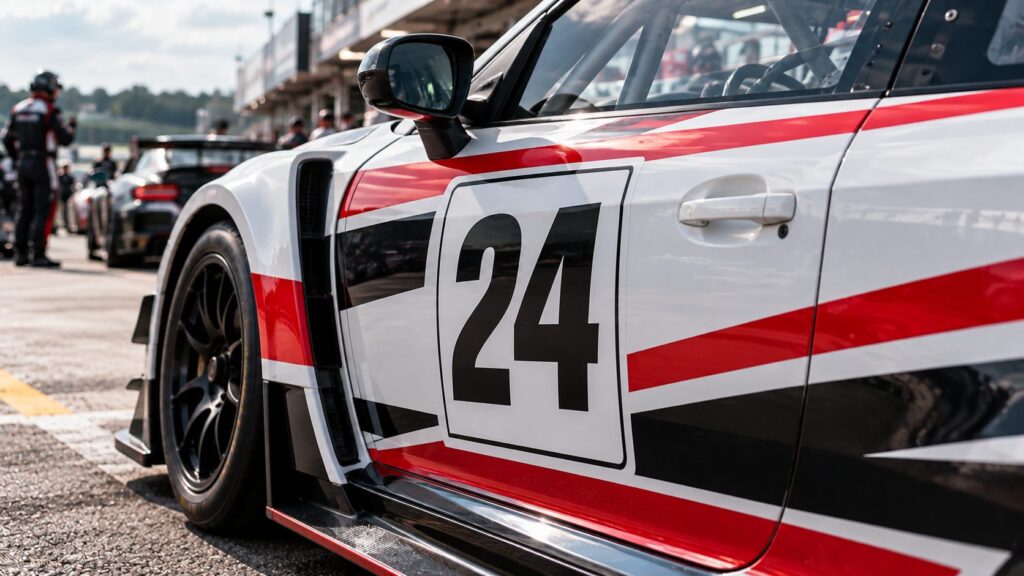 Motorsport scrutineer checking a race car displaying number 28 during a pit lane inspection.